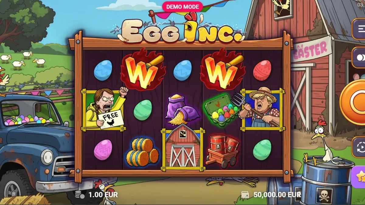Egg Inc. slot machine interface na may cartoon farm theme at makukulay na simbolo