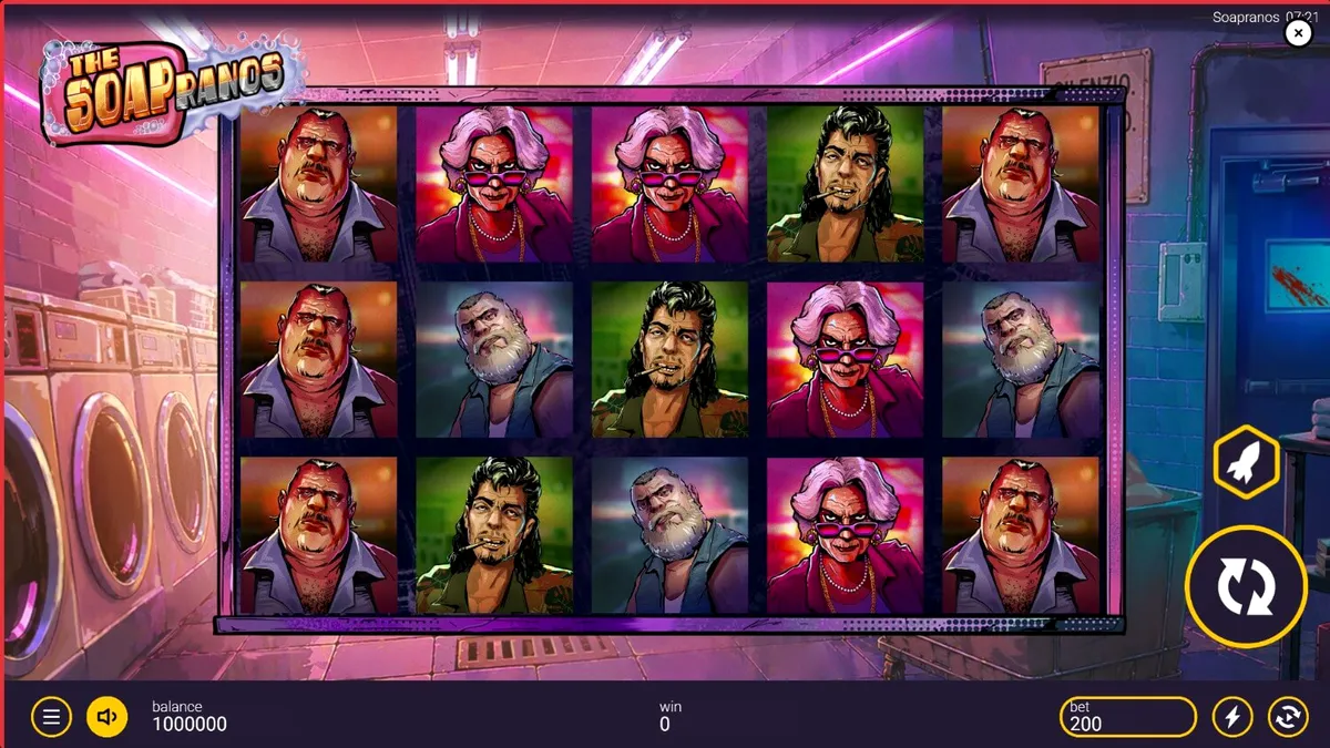 The Soapranos slot machine theme featuring laundry and crime elements