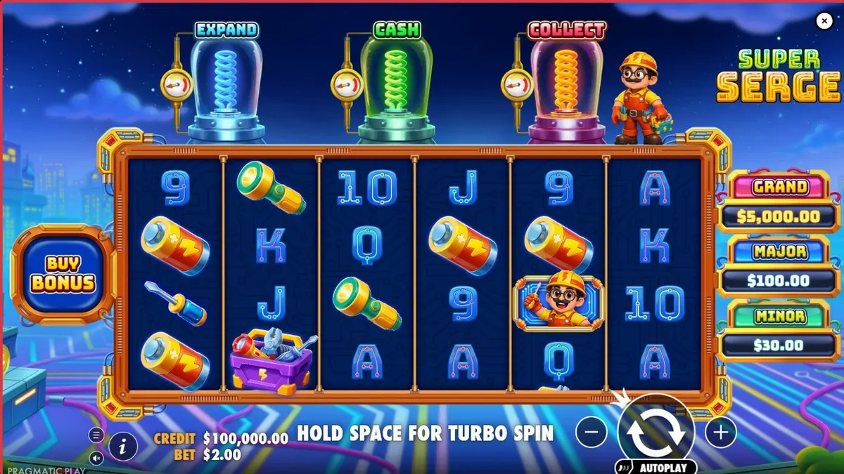 Super Serge slot game interface na may neon at electric theme